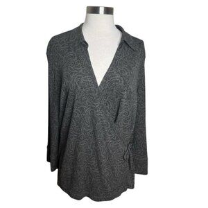 J Jill Blouse Womens Large Tall Dark Green Paisley Wrap Tie Front Collared